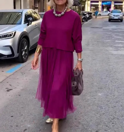 Solid-color Casual Knit Crew-neck Top And Mesh Slip Maxi Dress Two-piece Set Lunova-roma