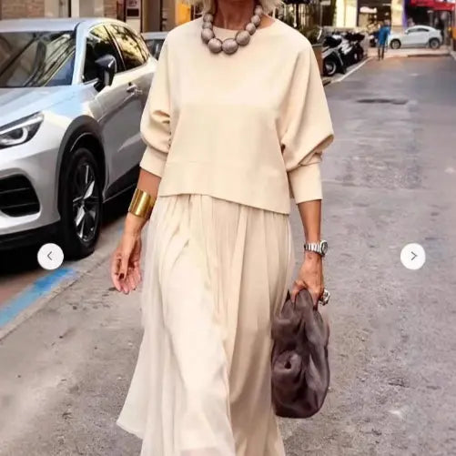 Solid-color Casual Knit Crew-neck Top And Mesh Slip Maxi Dress Two-piece Set Lunova-roma