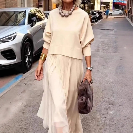 Solid-color Casual Knit Crew-neck Top And Mesh Slip Maxi Dress Two-piece Set Lunova-roma